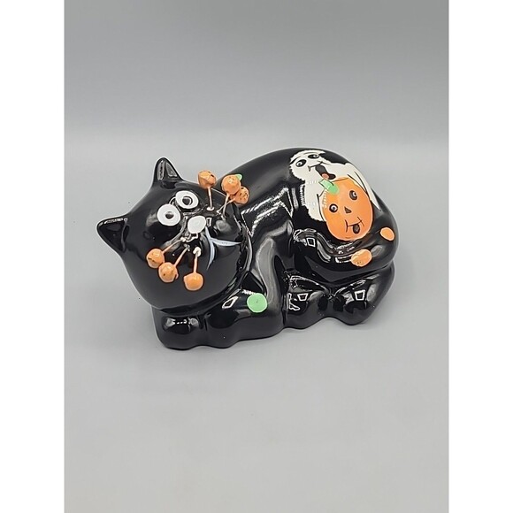 Whimsical Ceramic Cat Figurine Black with Polka Dots Halloween Pumpkin Figurine - Picture 9 of 10